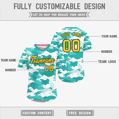 Custom Teal Aqua Light Pink Reversible Pullover Baseball Jersey Camo Stretch Fabric