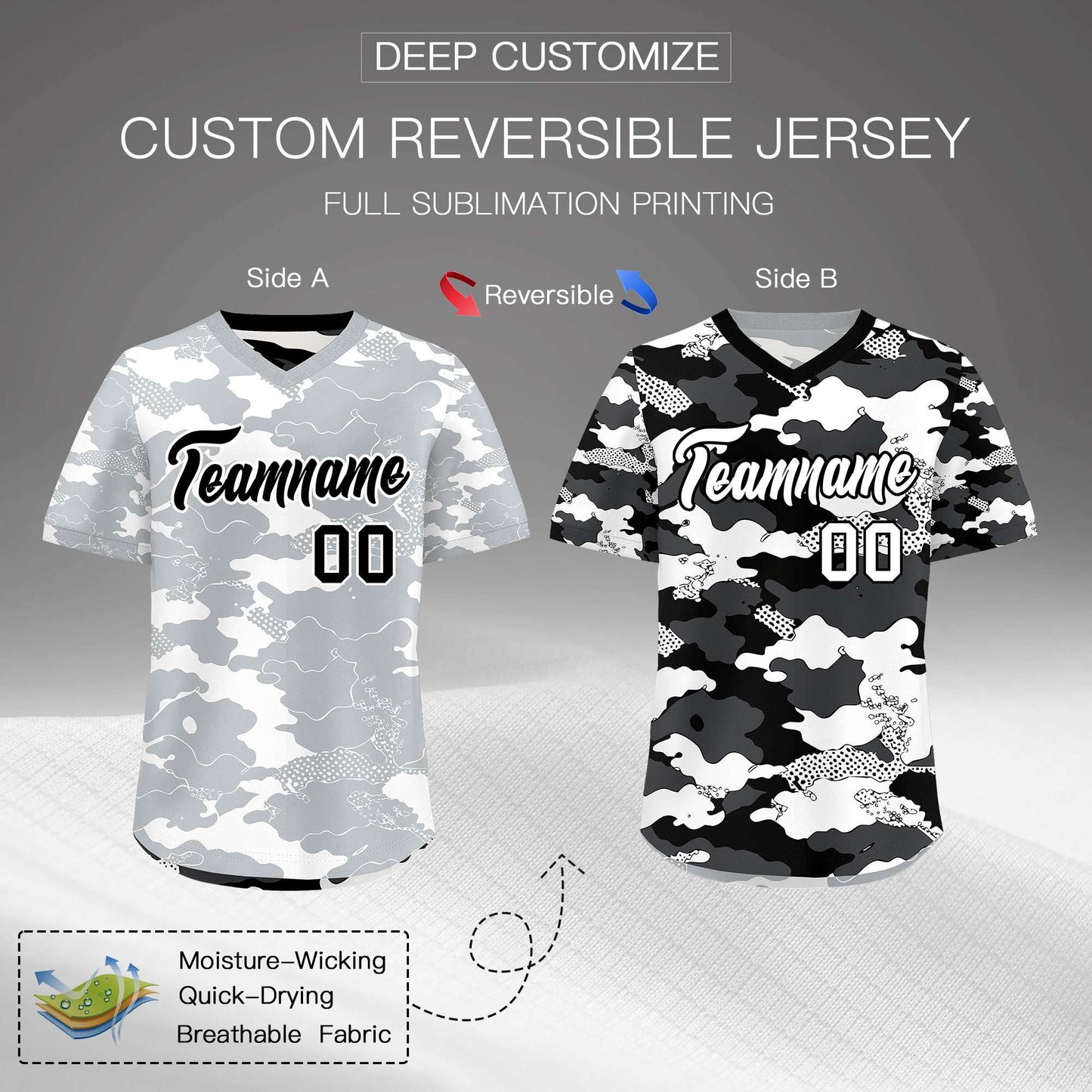 Custom White Black Reversible Pullover Baseball Jersey Camo Breathable