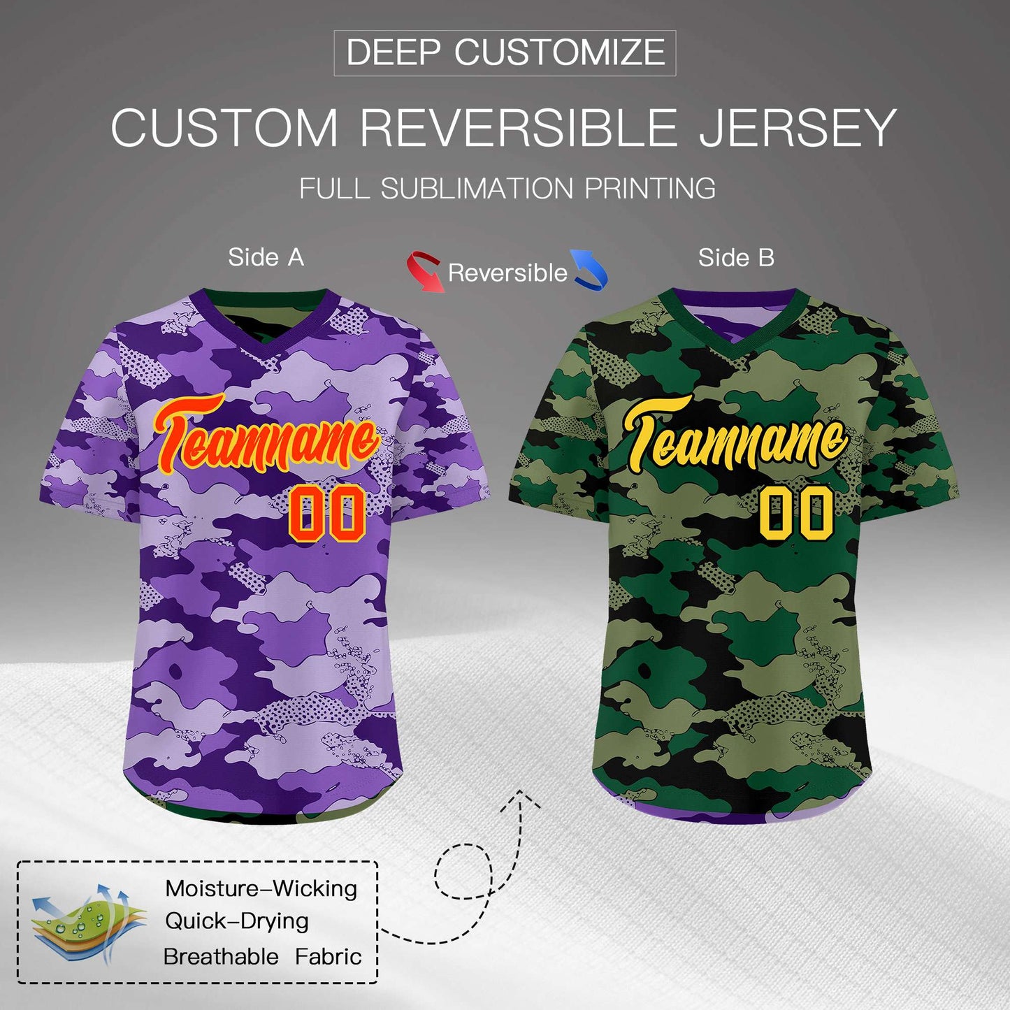Custom Light Purple Dark Green Reversible Pullover Baseball Jersey Camo Lightweight