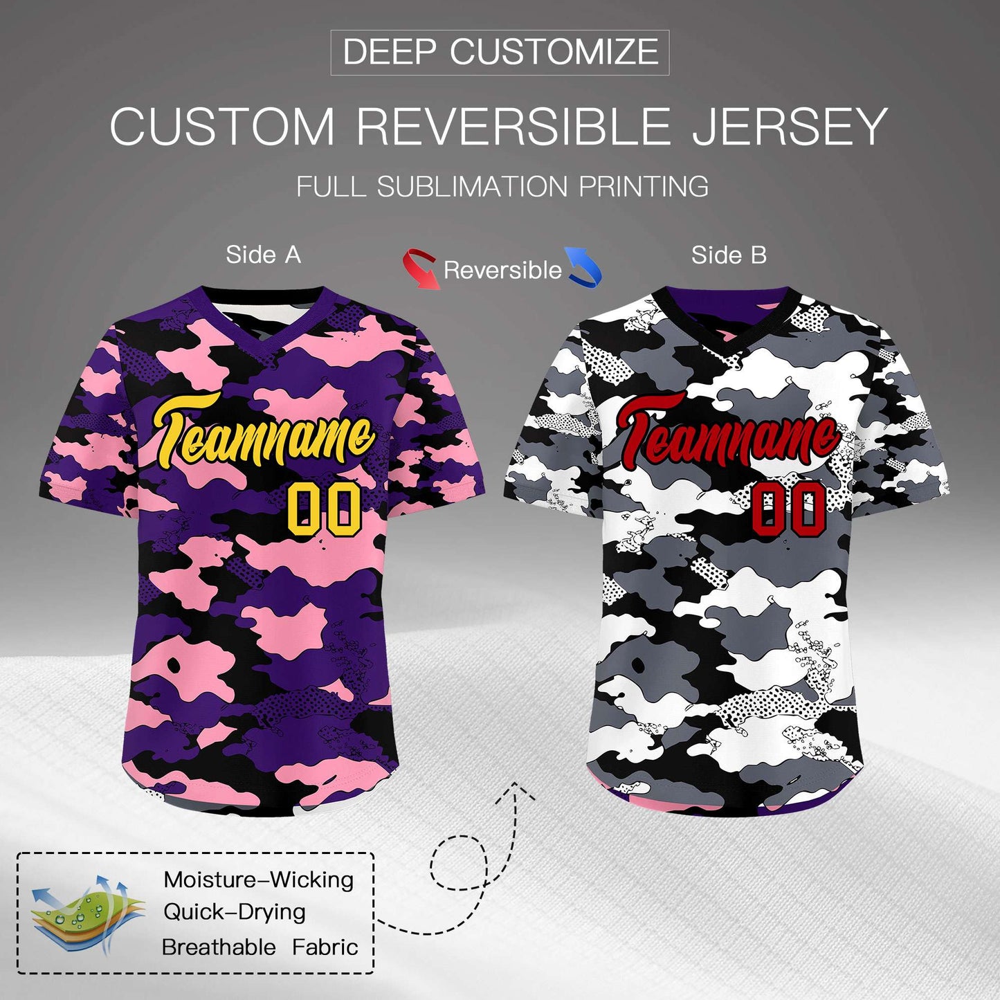 Custom Purple Light Pink White Reversible Pullover Baseball Jersey Camo Stretch Fabric