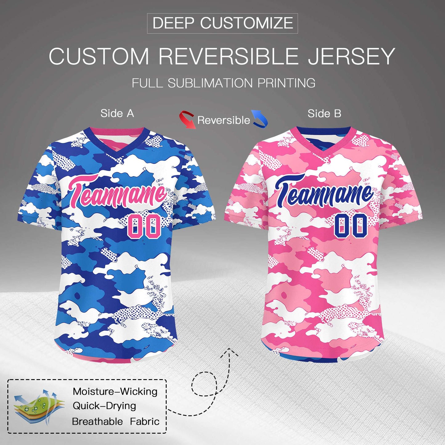 Custom Royal Blue Pink White Reversible Pullover Baseball Jersey Camo Breathable