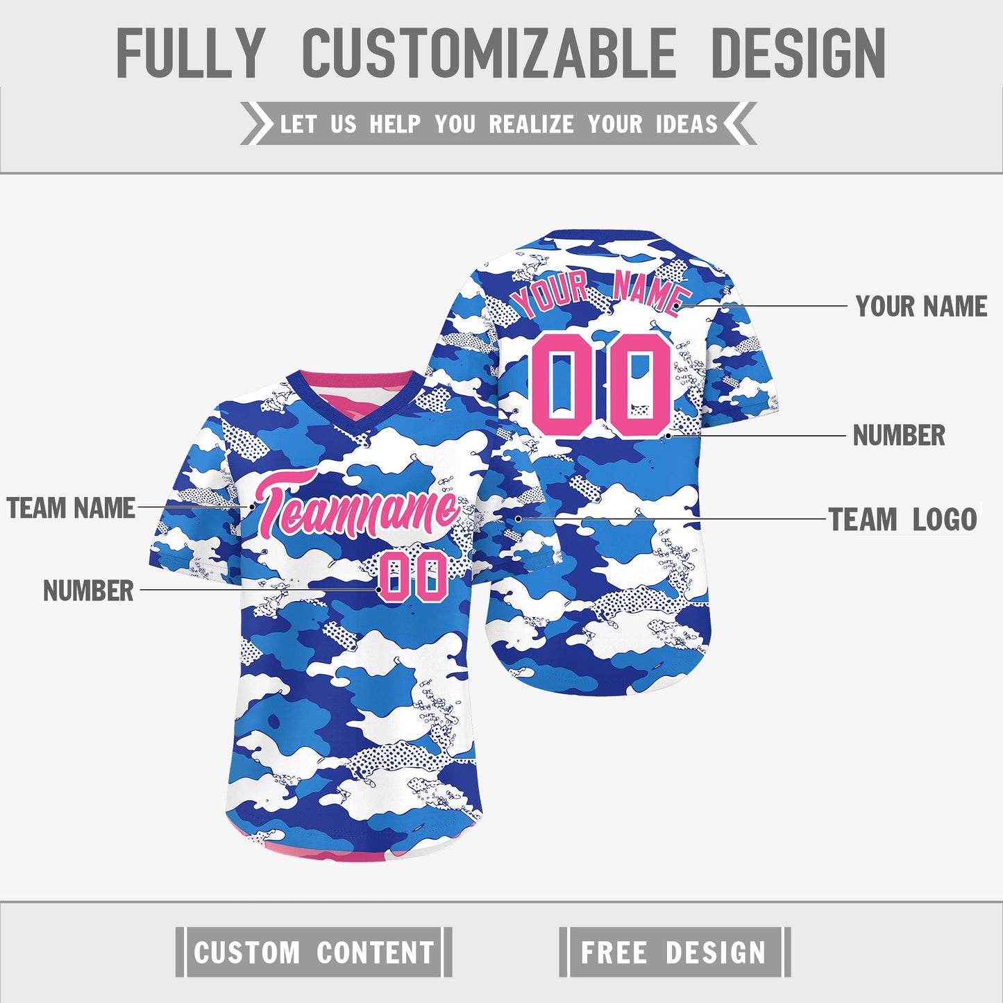 Custom Royal Blue Pink White Reversible Pullover Baseball Jersey Camo Breathable