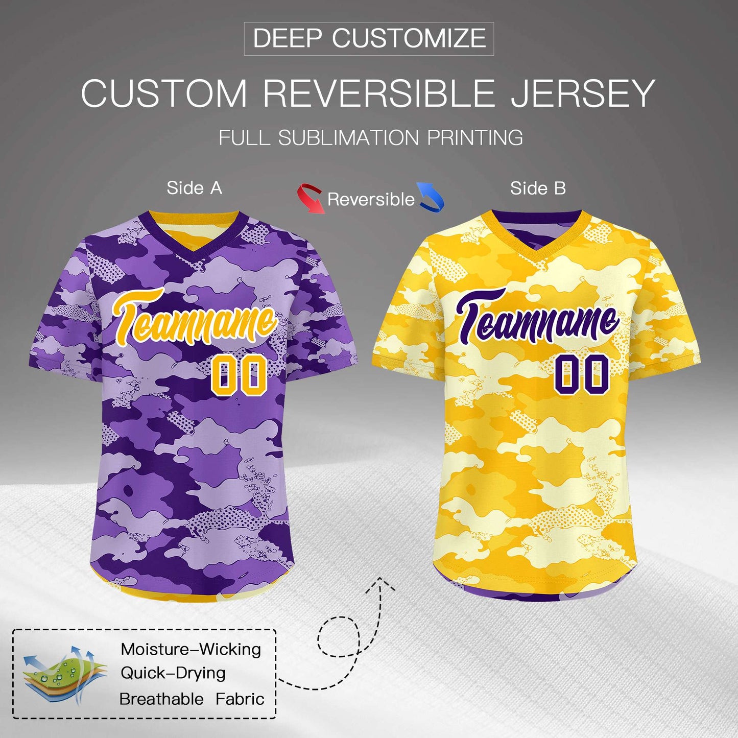 Custom Light Purple Yellow Cream Reversible Pullover Baseball Jersey Camo Lightweight