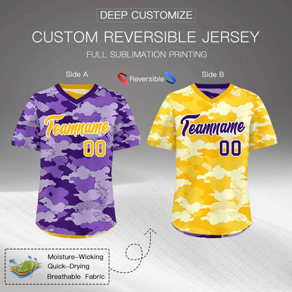 Custom Light Purple Yellow Cream Reversible Pullover Baseball Jersey Camo Lightweight