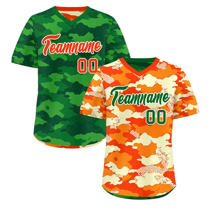 Custom Orange Dark Green Kelly Green Reversible Pullover Baseball Jersey Camo Stretch Fabric