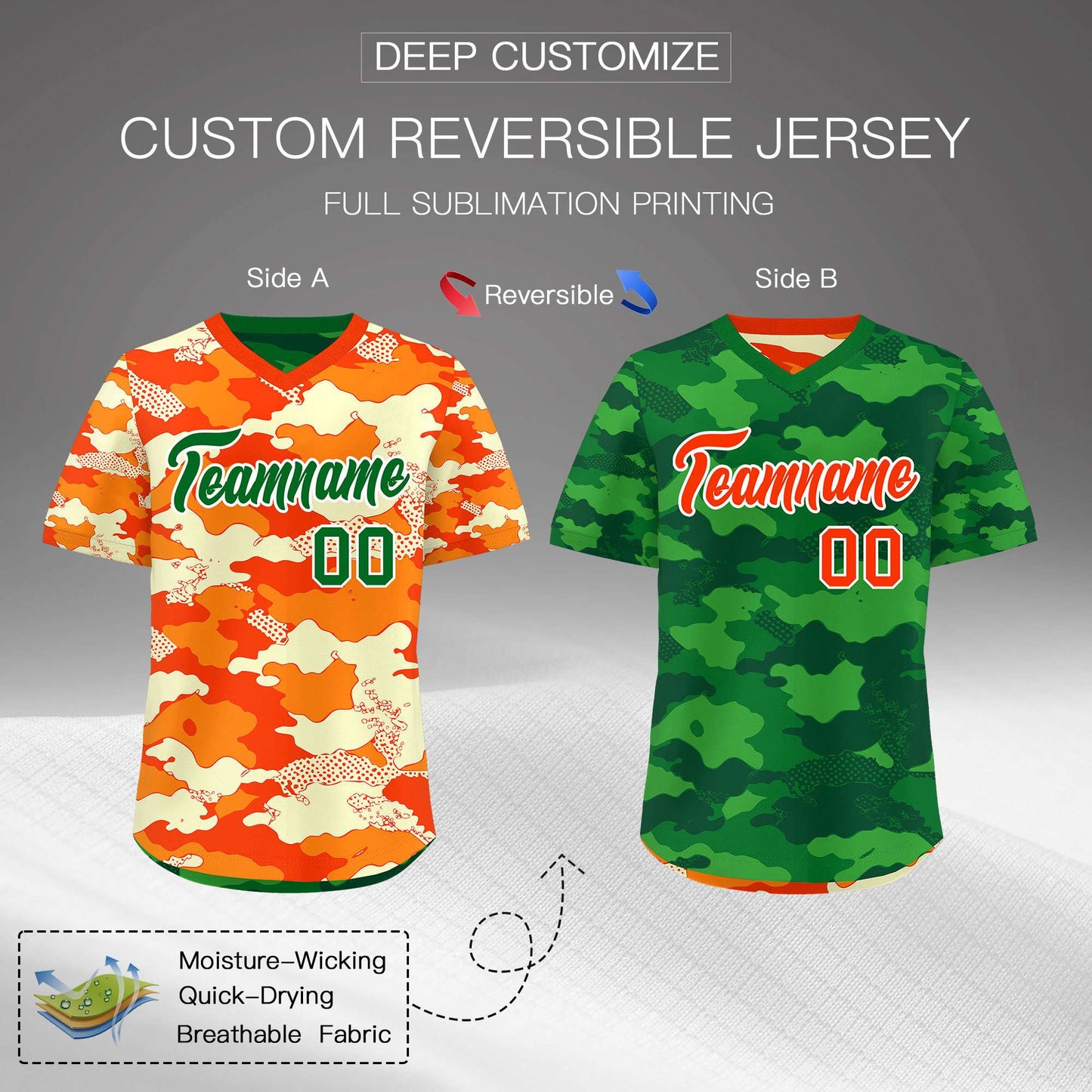 Custom Orange Dark Green Kelly Green Reversible Pullover Baseball Jersey Camo Stretch Fabric