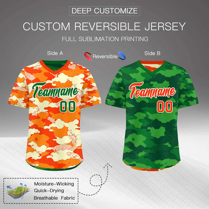 Custom Orange Dark Green Kelly Green Reversible Pullover Baseball Jersey Camo Stretch Fabric
