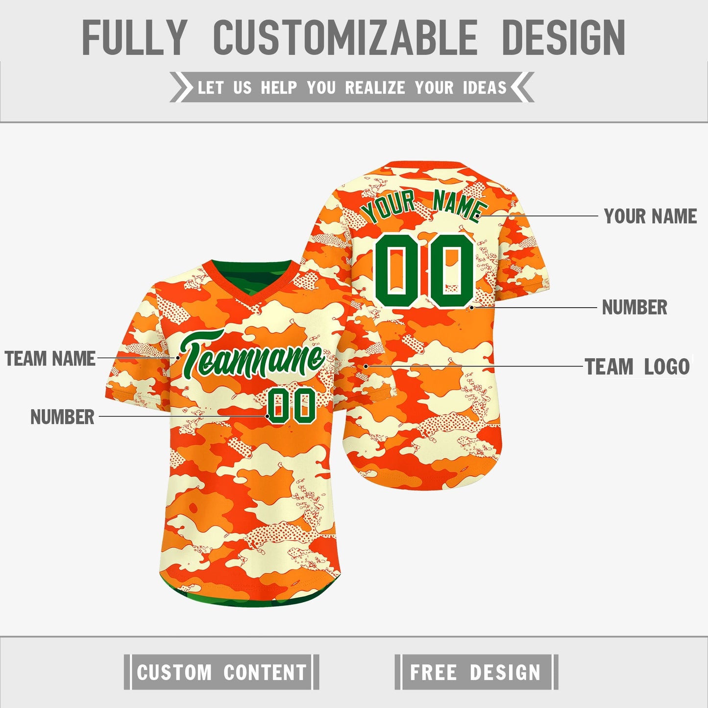 Custom Orange Dark Green Kelly Green Reversible Pullover Baseball Jersey Camo Stretch Fabric