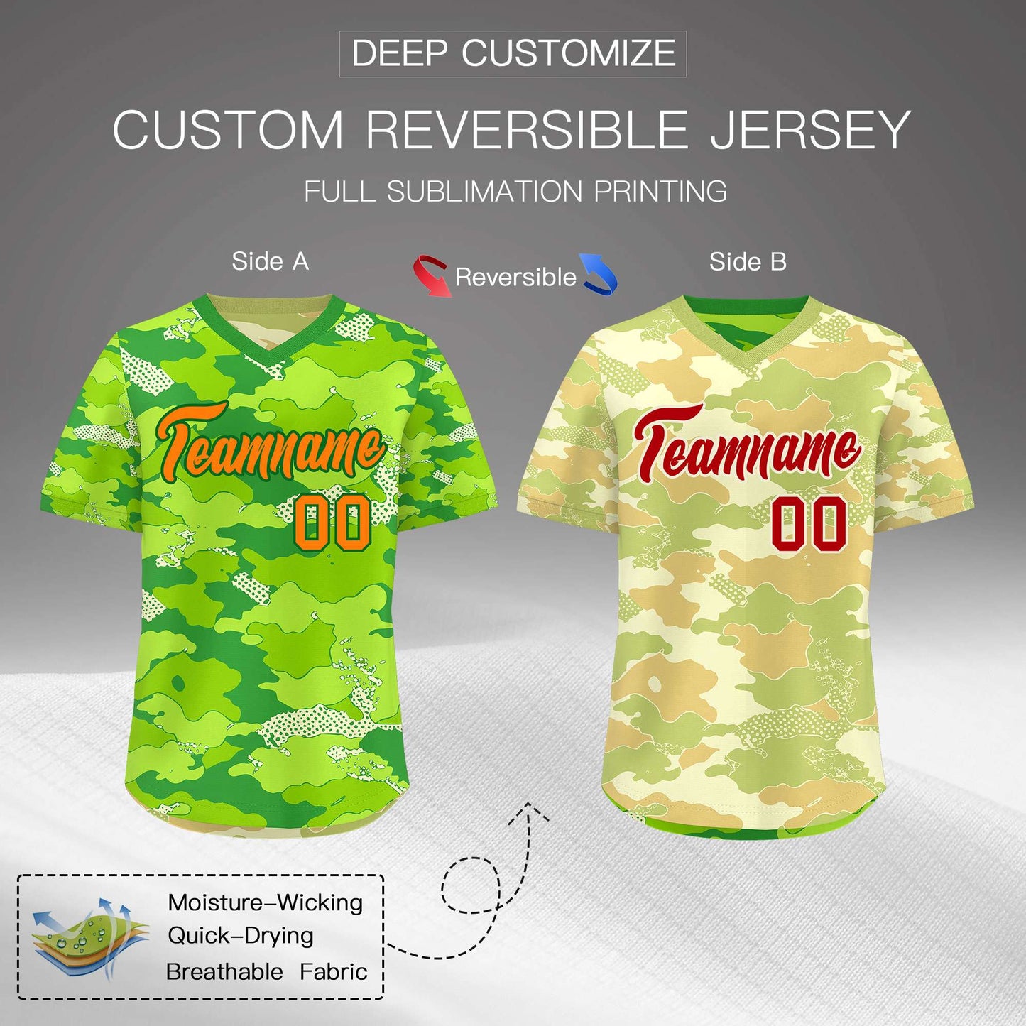 Custom Neon Green Cream Khaki Reversible Pullover Baseball Jersey Camo Breathable