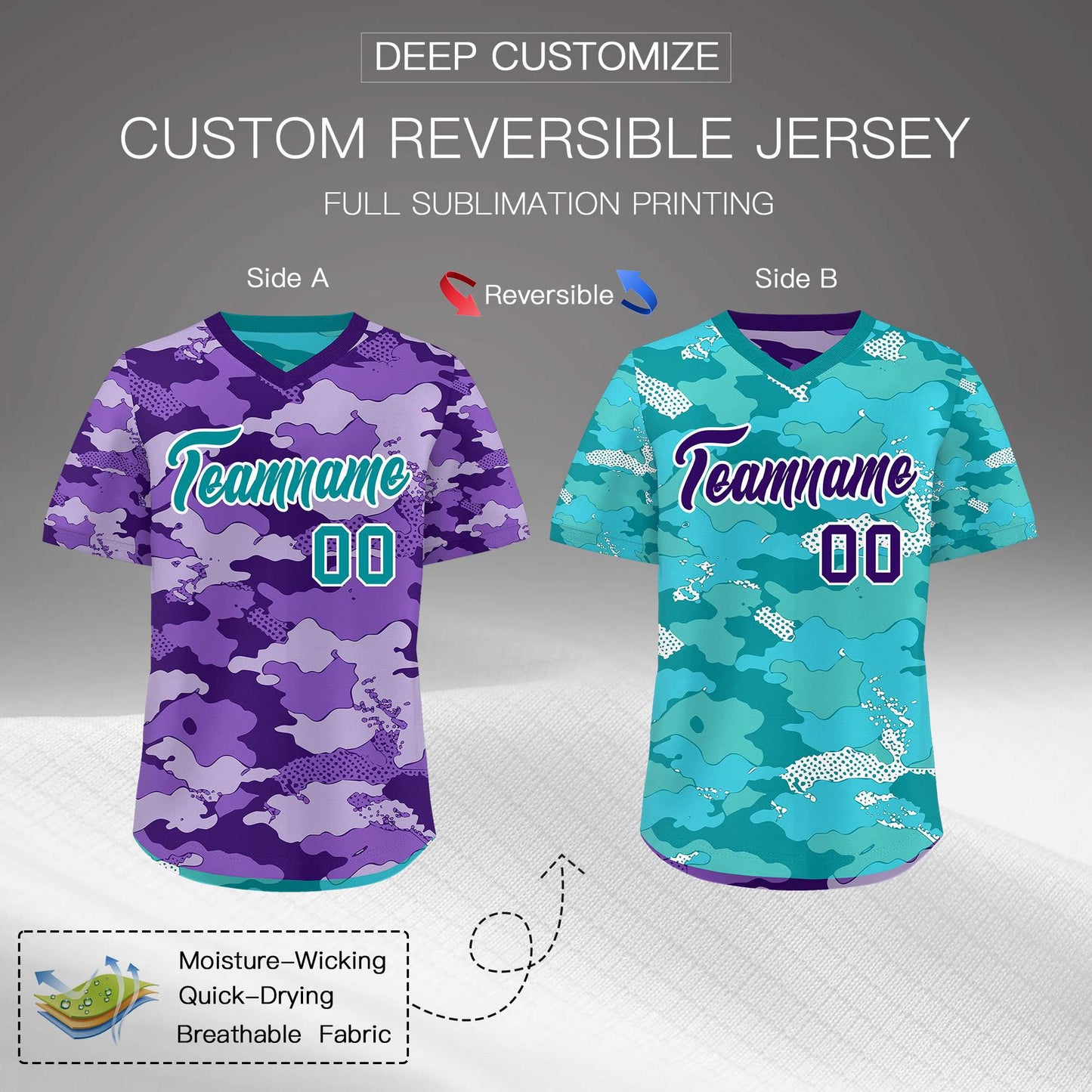 Custom Purple Light Purple Bright Green Reversible Pullover Baseball Jersey Camo Lightweight