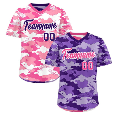 Custom Purple Pink White Reversible Pullover Baseball Jersey Camo Stretch Fabric