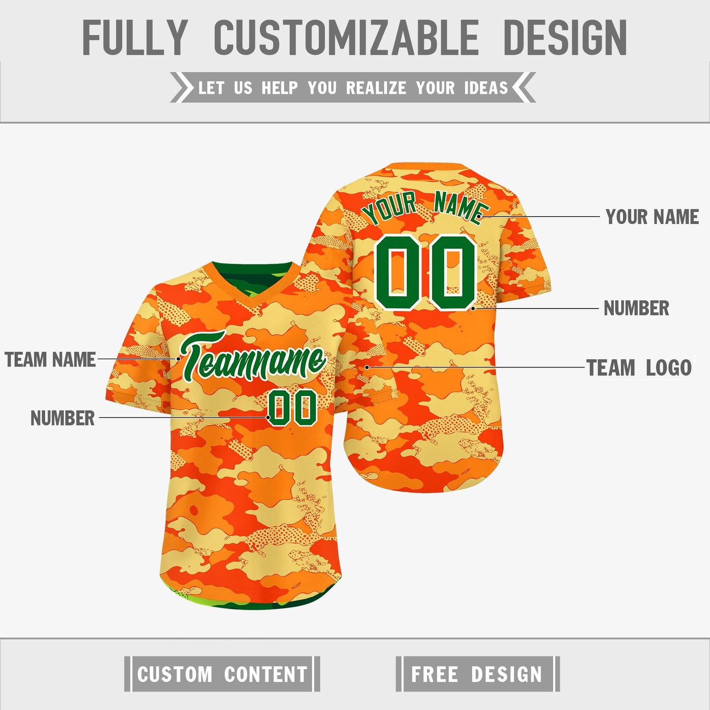 Custom Orange Dark Green Kelly Green Reversible Pullover Baseball Jersey Camo Breathable