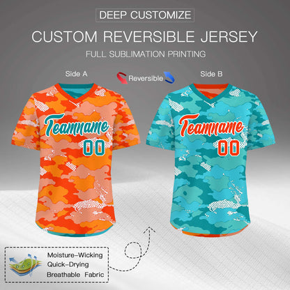 Custom Orange Light Orange Teal Reversible Pullover Baseball Jersey Camo Stretch Fabric