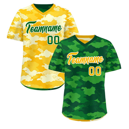 Custom Kelly Green Light Green Yellow Reversible Pullover Baseball Jersey Camo Stretch Fabric