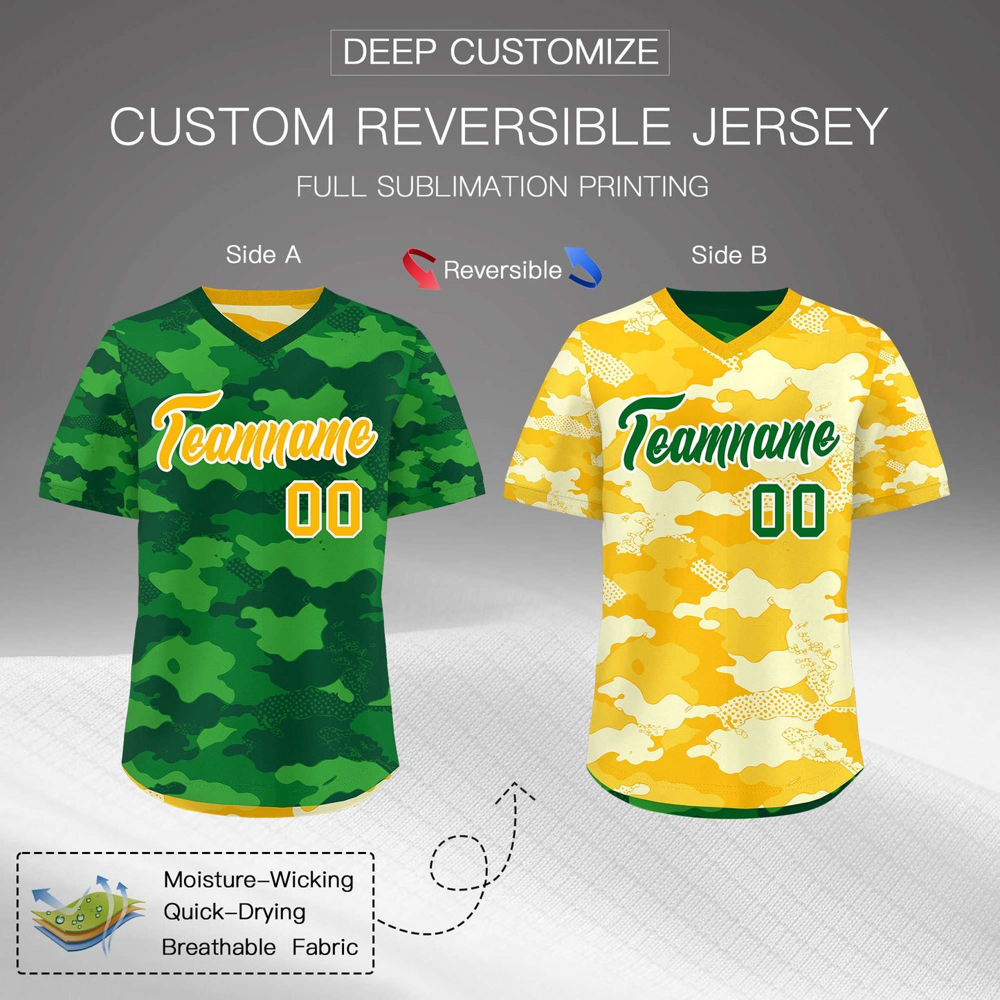 Custom Kelly Green Light Green Yellow Reversible Pullover Baseball Jersey Camo Stretch Fabric
