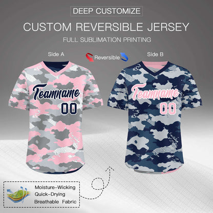 Custom Silver Gray Light Pink Reversible Pullover Baseball Jersey Camo Lightweight