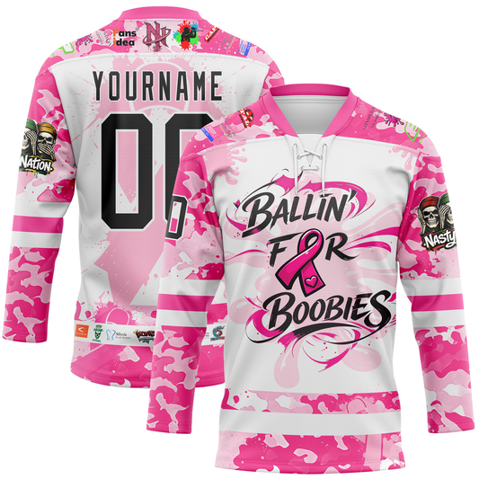 Custom Camo Black Pink-White 2026 Nasty Nation Paintball Breast Cancer Hockey Lace Neck Jersey