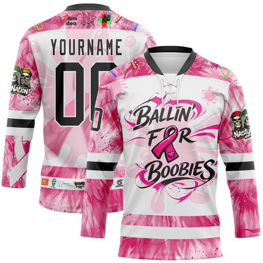Custom Tie Dye Black Pink-White 2026 Nasty Nation Paintball Breast Cancer Hockey Lace Neck Jersey