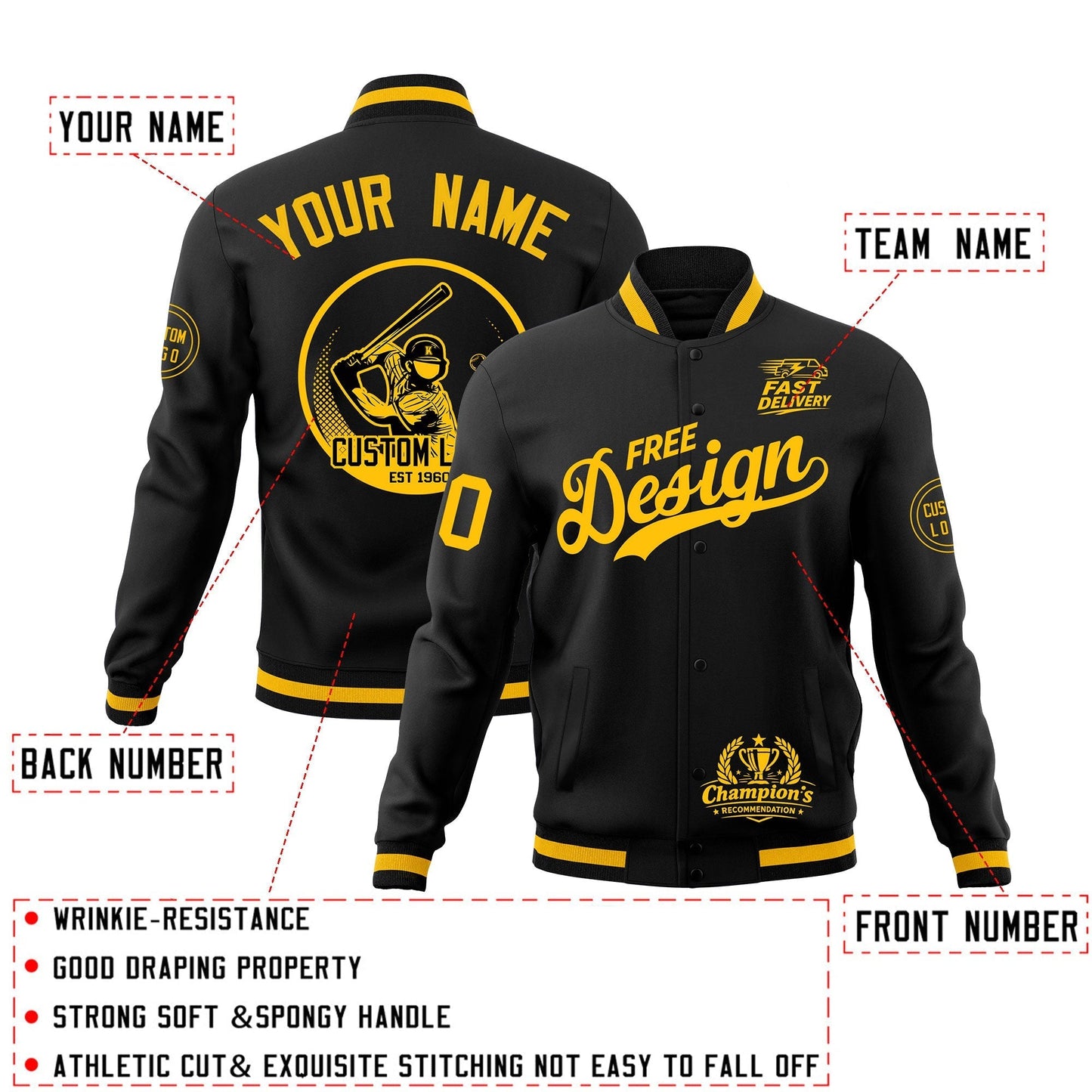 Custom Black Gold Jacket Classic Style Full-Snap Club & Spirit Wear Breathable