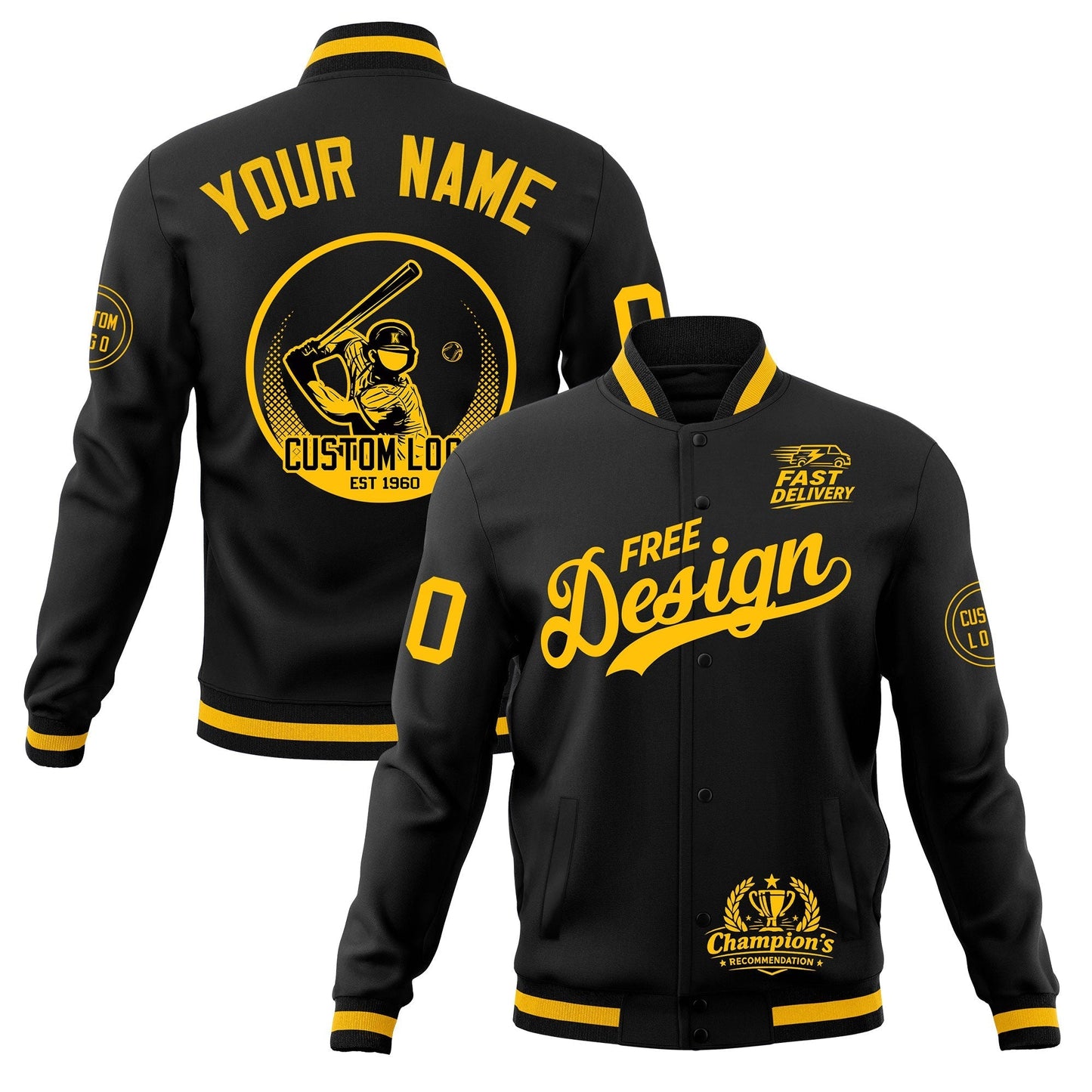 Custom Black Gold Jacket Classic Style Full-Snap Club & Spirit Wear Breathable