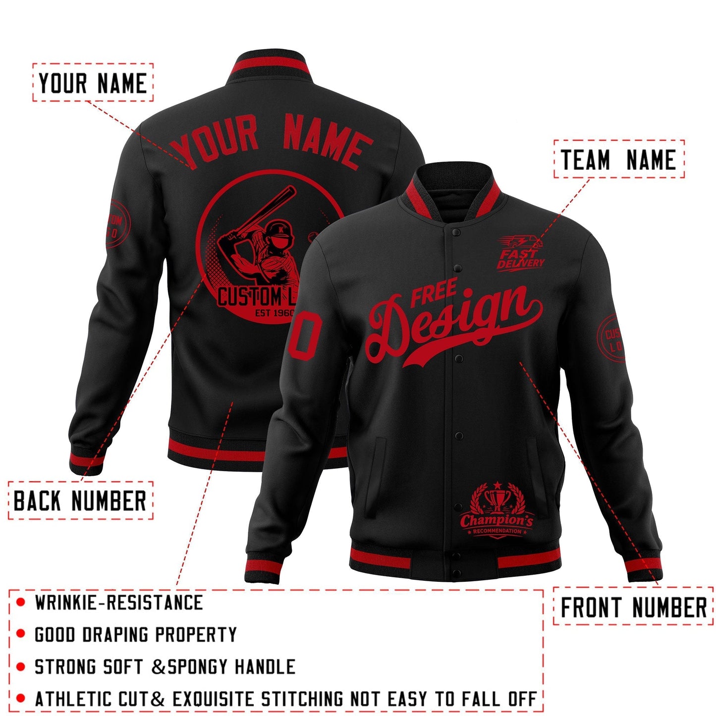 Custom Black Red Jacket Classic Style Full-Snap Club & Spirit Wear Breathable