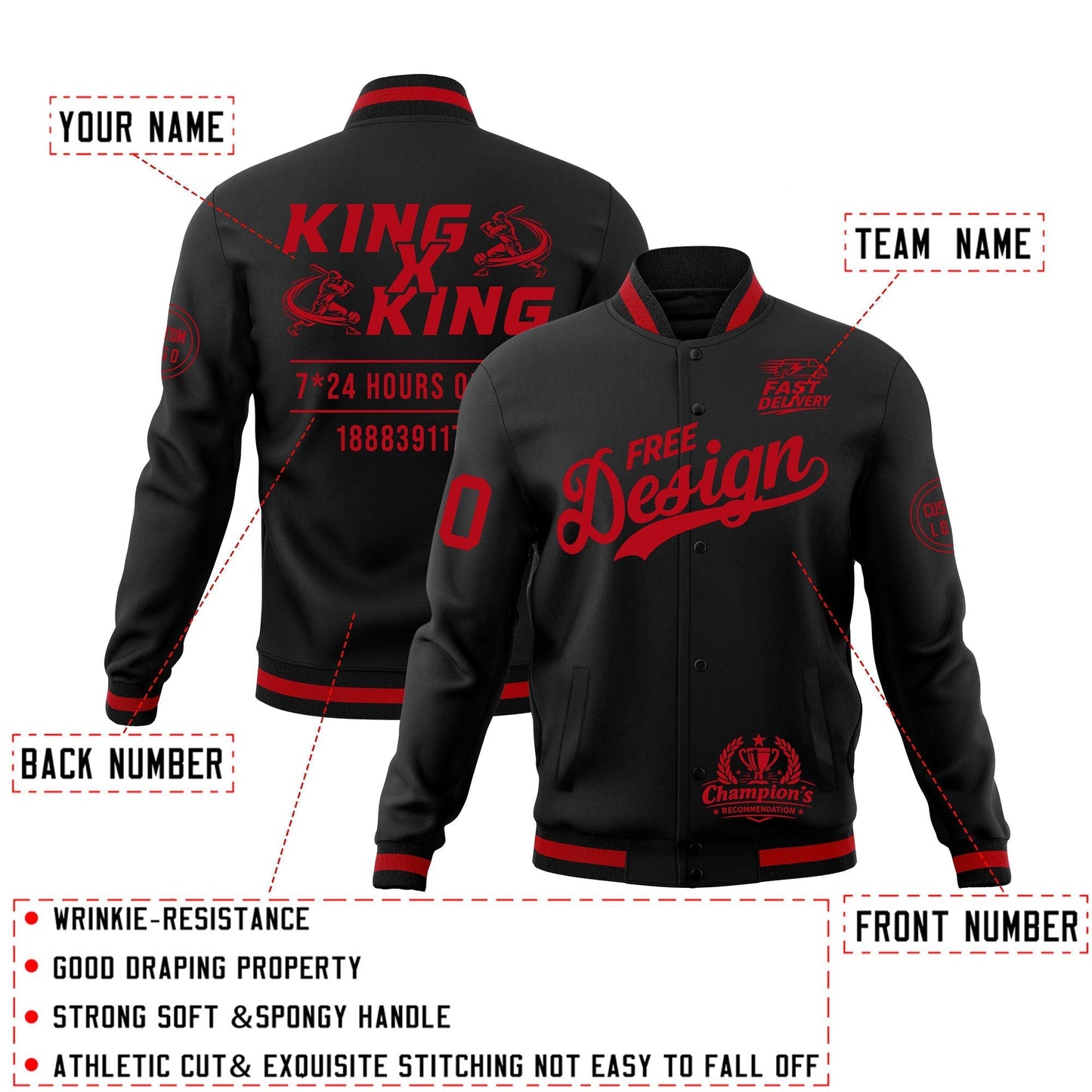Custom Black Red Jacket Classic Style Full-Snap Club & Spirit Wear Wrinkle-Resistant