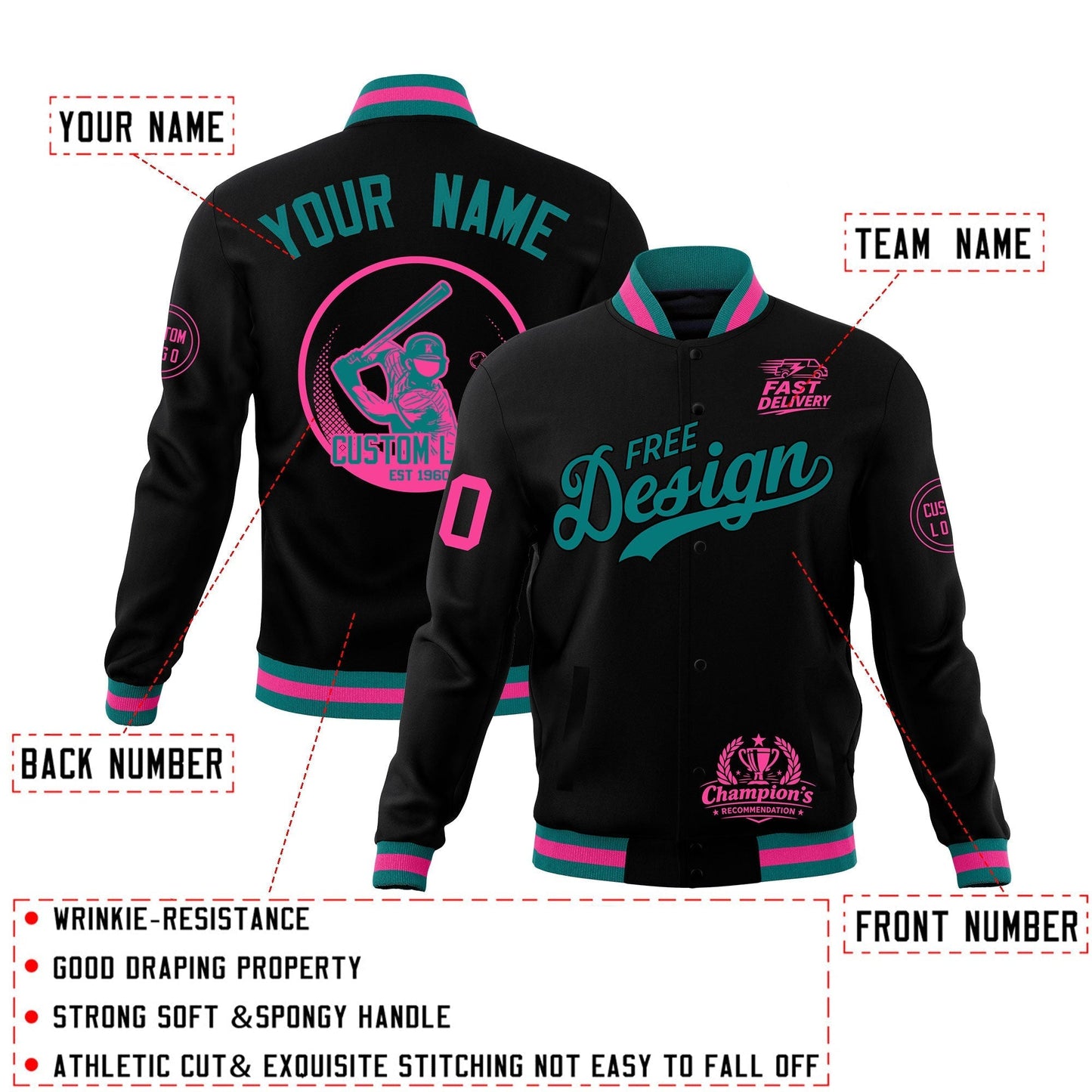 Custom Black Teal Pink Jacket Classic Style Full-Snap Club & Spirit Wear Breathable