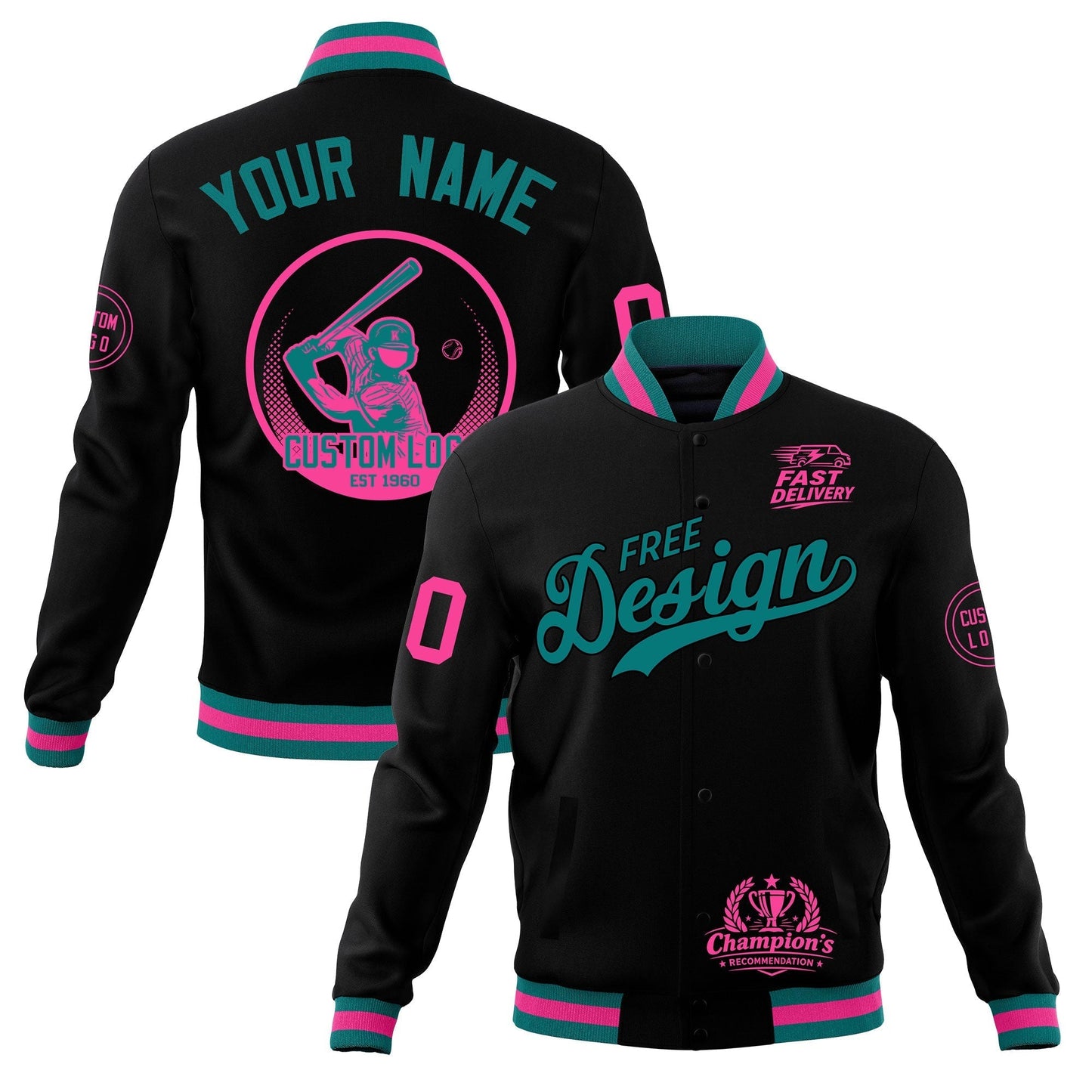 Custom Black Teal Pink Jacket Classic Style Full-Snap Club & Spirit Wear Breathable