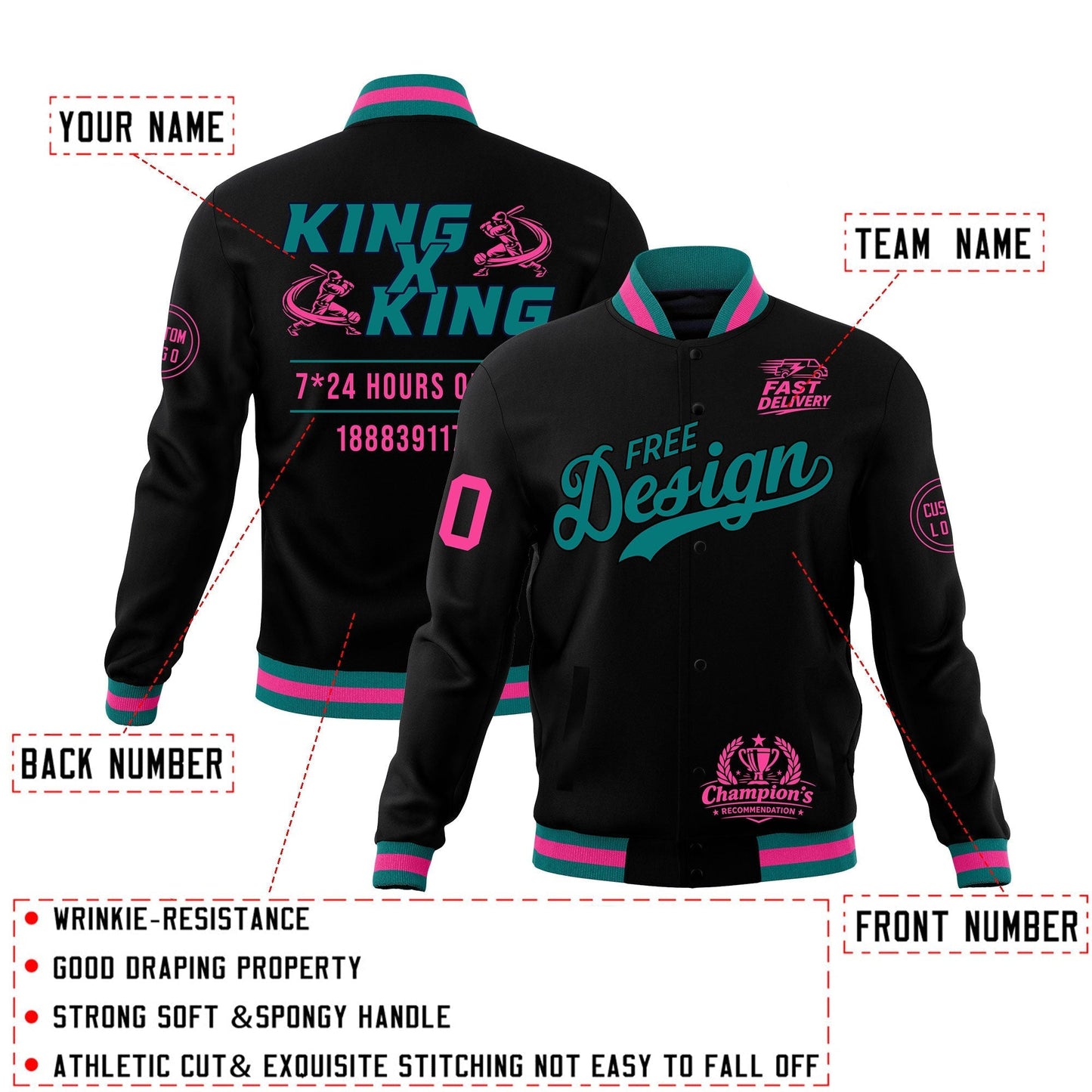 Custom Black Teal Pink Jacket Classic Style Full-Snap Club & Spirit Wear Wrinkle-Resistant