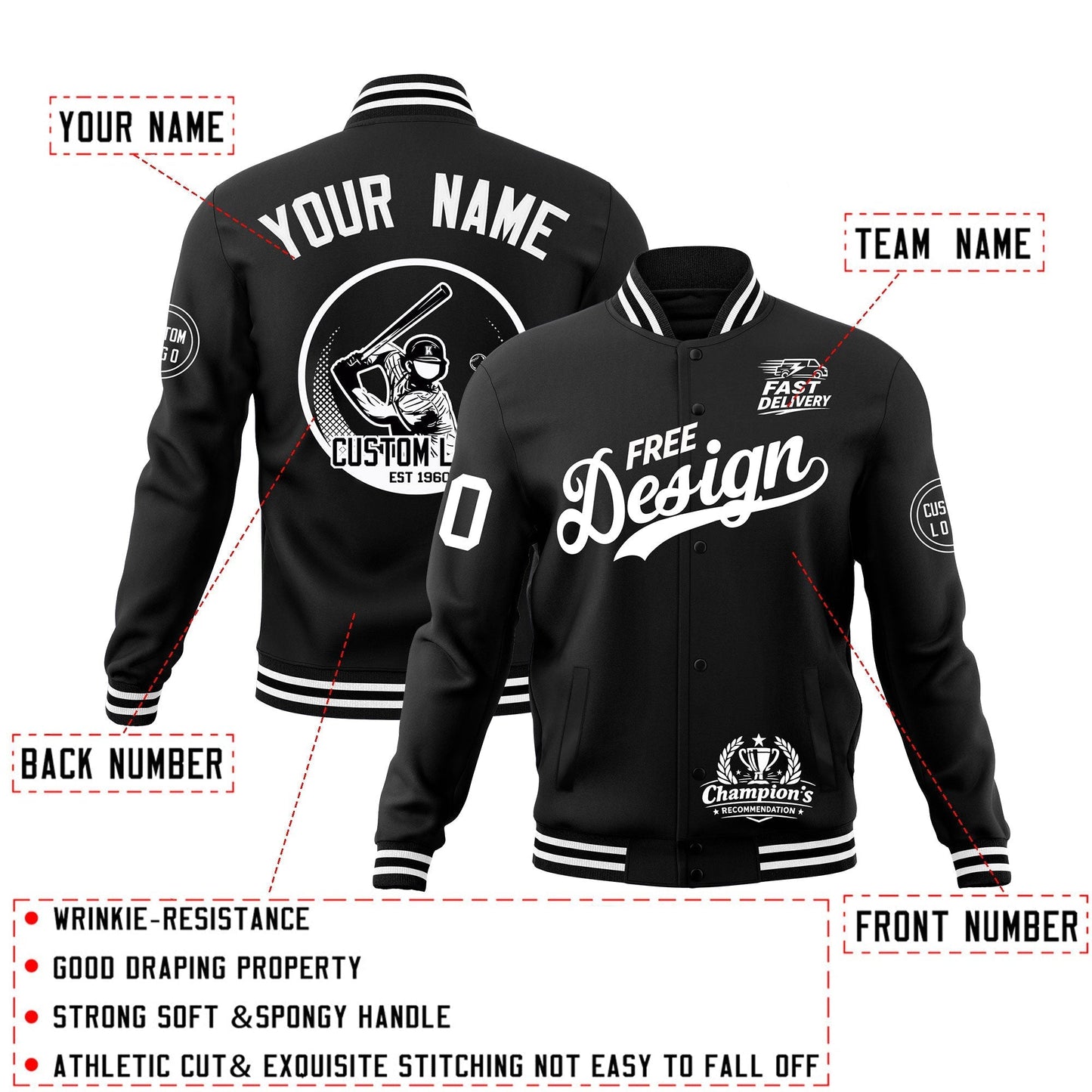 Custom Black White Jacket Classic Style Full-Snap Club & Spirit Wear Breathable