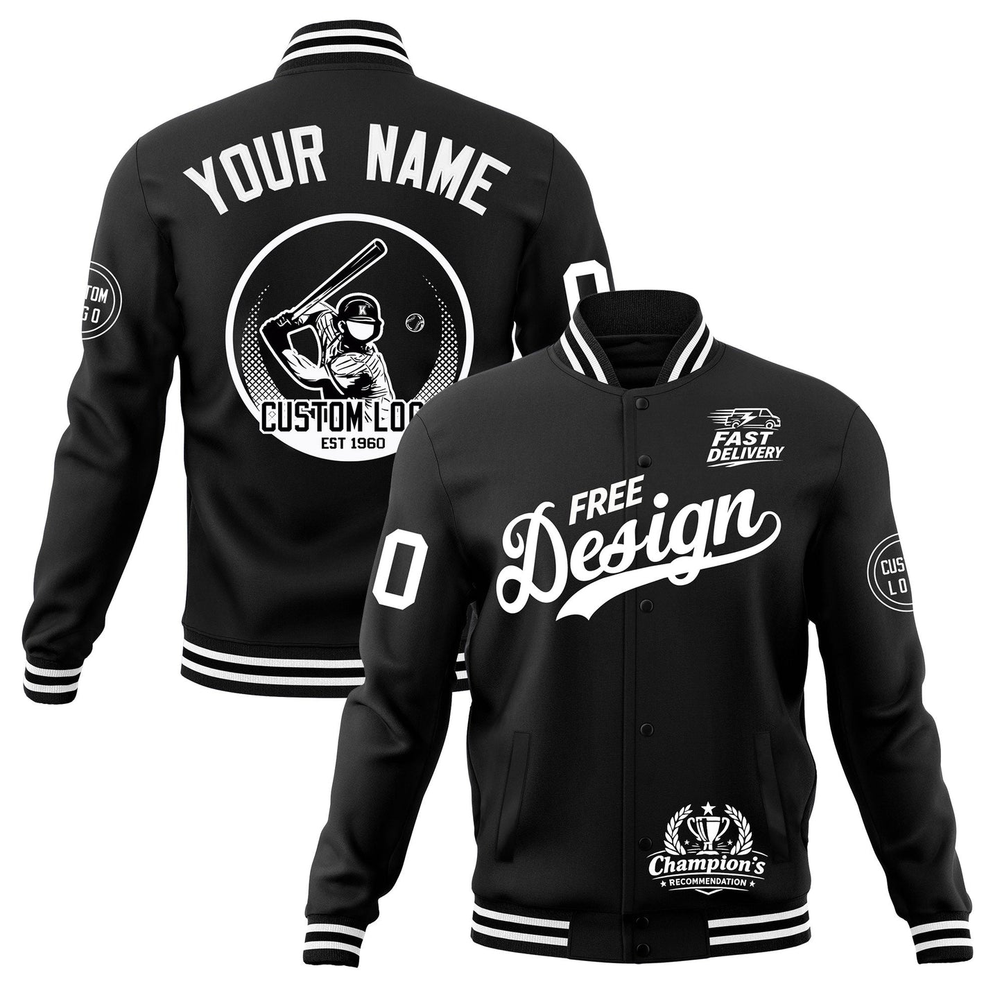 Custom Black White Jacket Classic Style Full-Snap Club & Spirit Wear Breathable