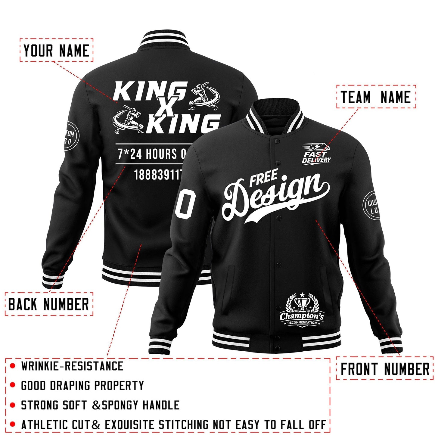 Custom Black White Jacket Classic Style Full-Snap Club & Spirit Wear Wrinkle-Resistant