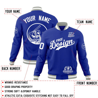 Custom Royal Blue Gray White Jacket Classic Style Full-Snap Club & Spirit Wear Breathable