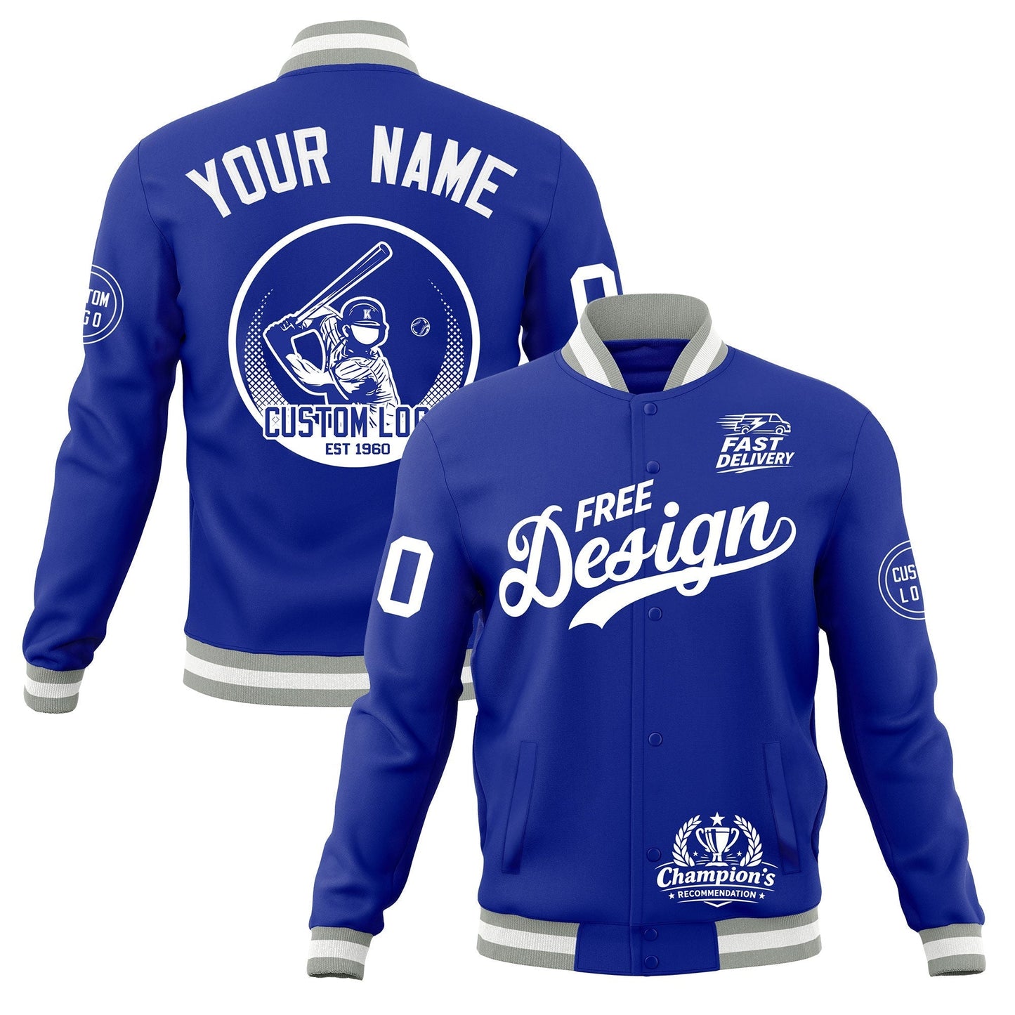 Custom Royal Blue Gray White Jacket Classic Style Full-Snap Club & Spirit Wear Breathable