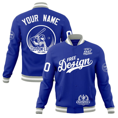 Custom Royal Blue Gray White Jacket Classic Style Full-Snap Club & Spirit Wear Breathable