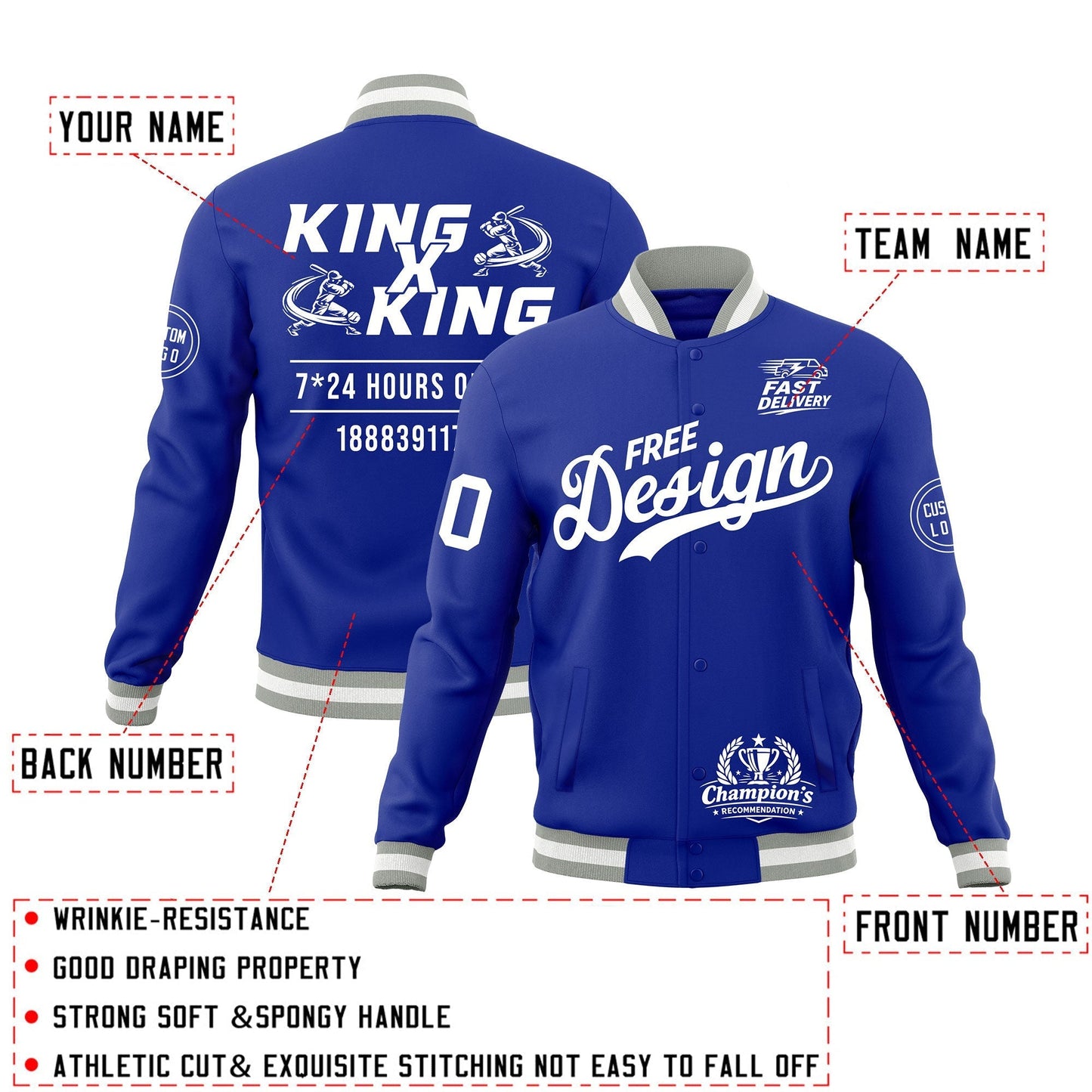 Custom Royal Blue Gray White Jacket Classic Style Full-Snap Club & Spirit Wear Wrinkle-Resistant