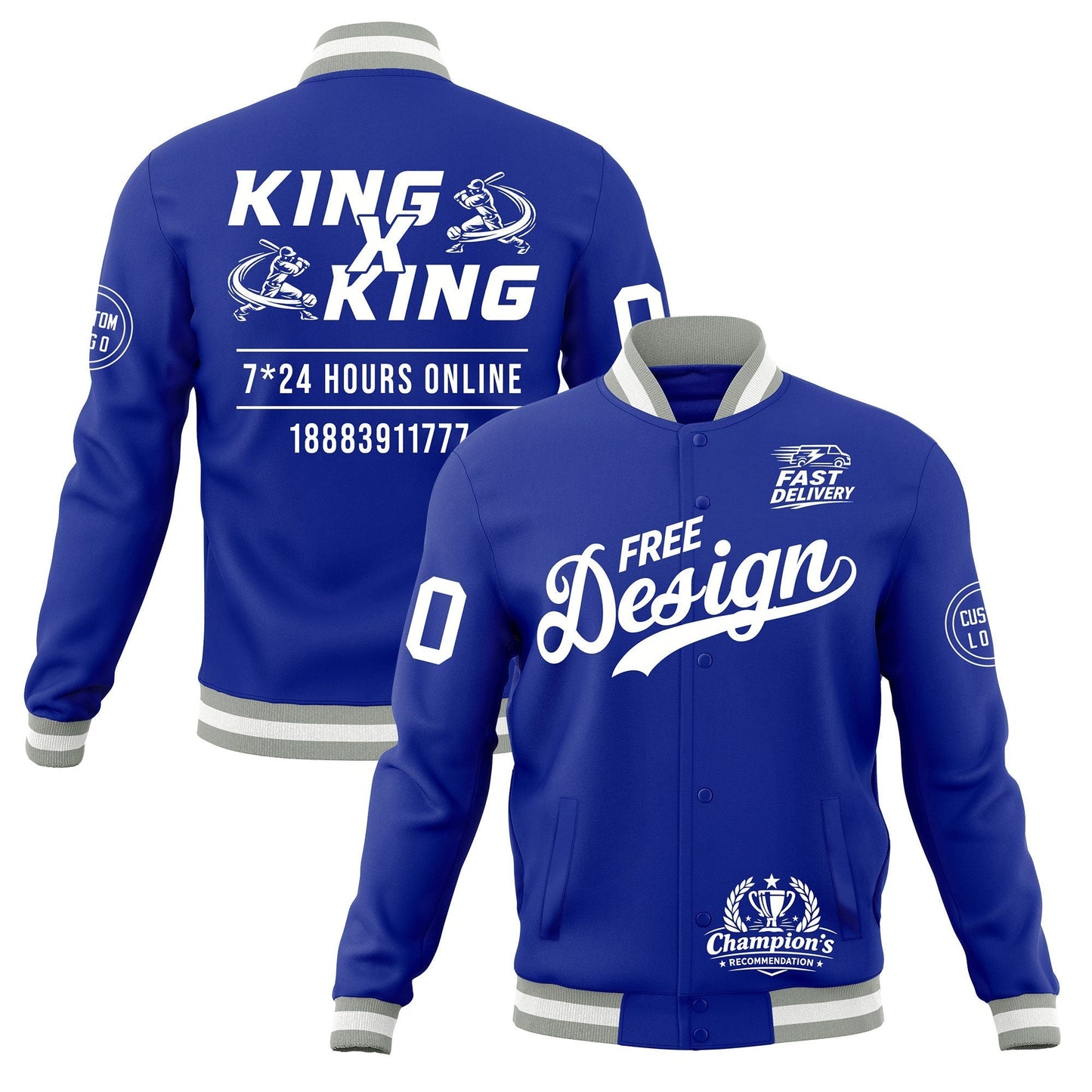 Custom Royal Blue Gray White Jacket Classic Style Full-Snap Club & Spirit Wear Wrinkle-Resistant