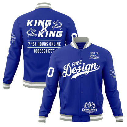 Custom Royal Blue Gray White Jacket Classic Style Full-Snap Club & Spirit Wear Wrinkle-Resistant