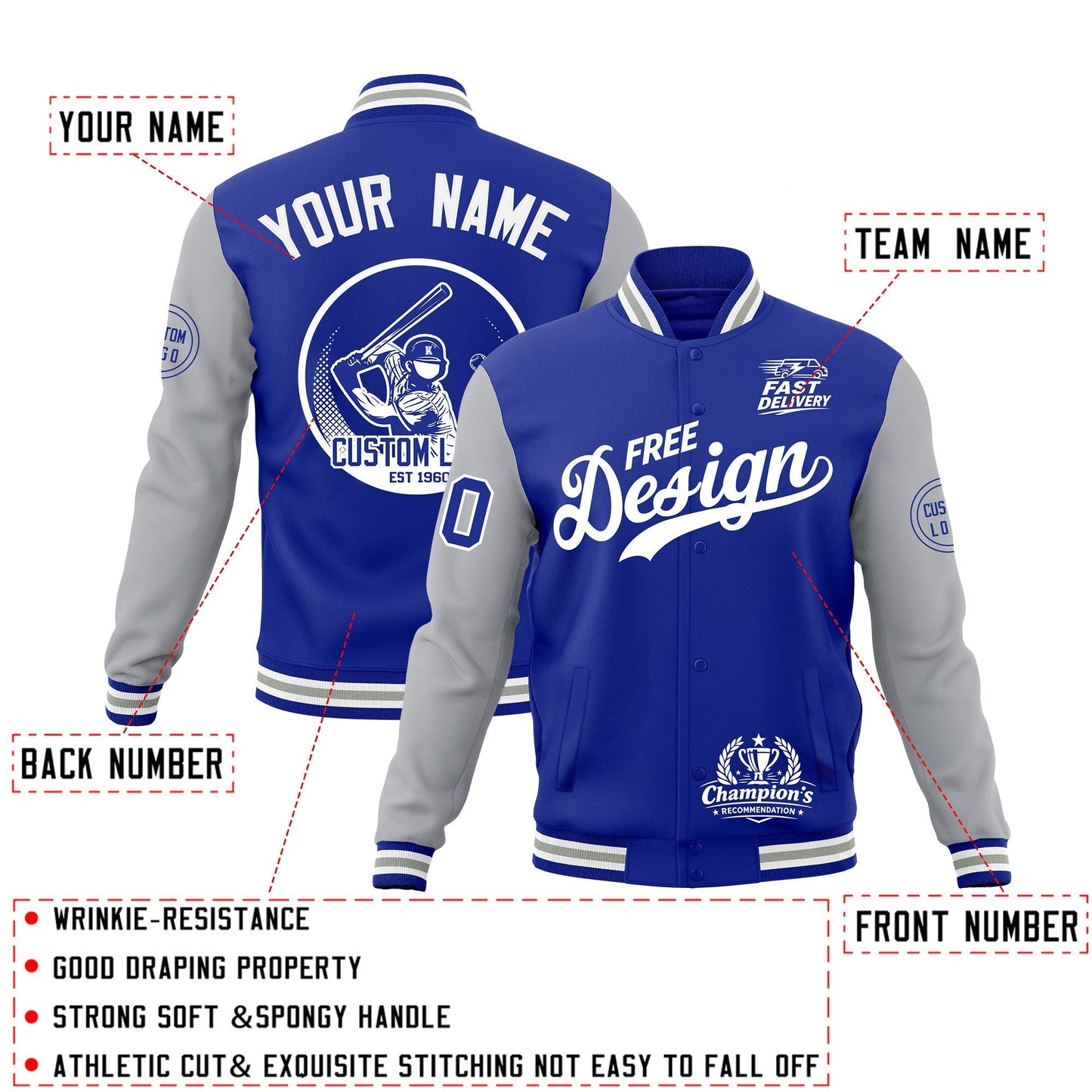 Custom Royal Blue White Gray Jacket Classic Style Full-Snap Club & Spirit Wear Breathable