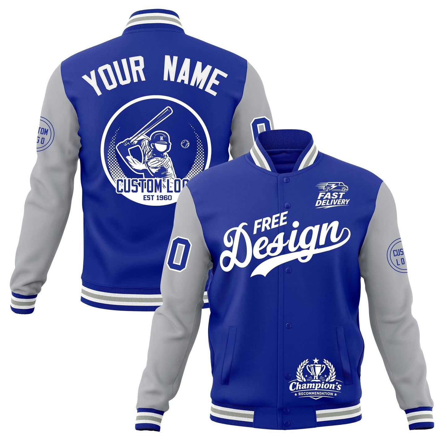 Custom Royal Blue White Gray Jacket Classic Style Full-Snap Club & Spirit Wear Breathable