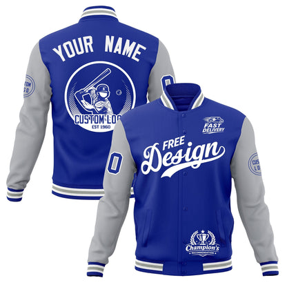 Custom Royal Blue White Gray Jacket Classic Style Full-Snap Club & Spirit Wear Breathable