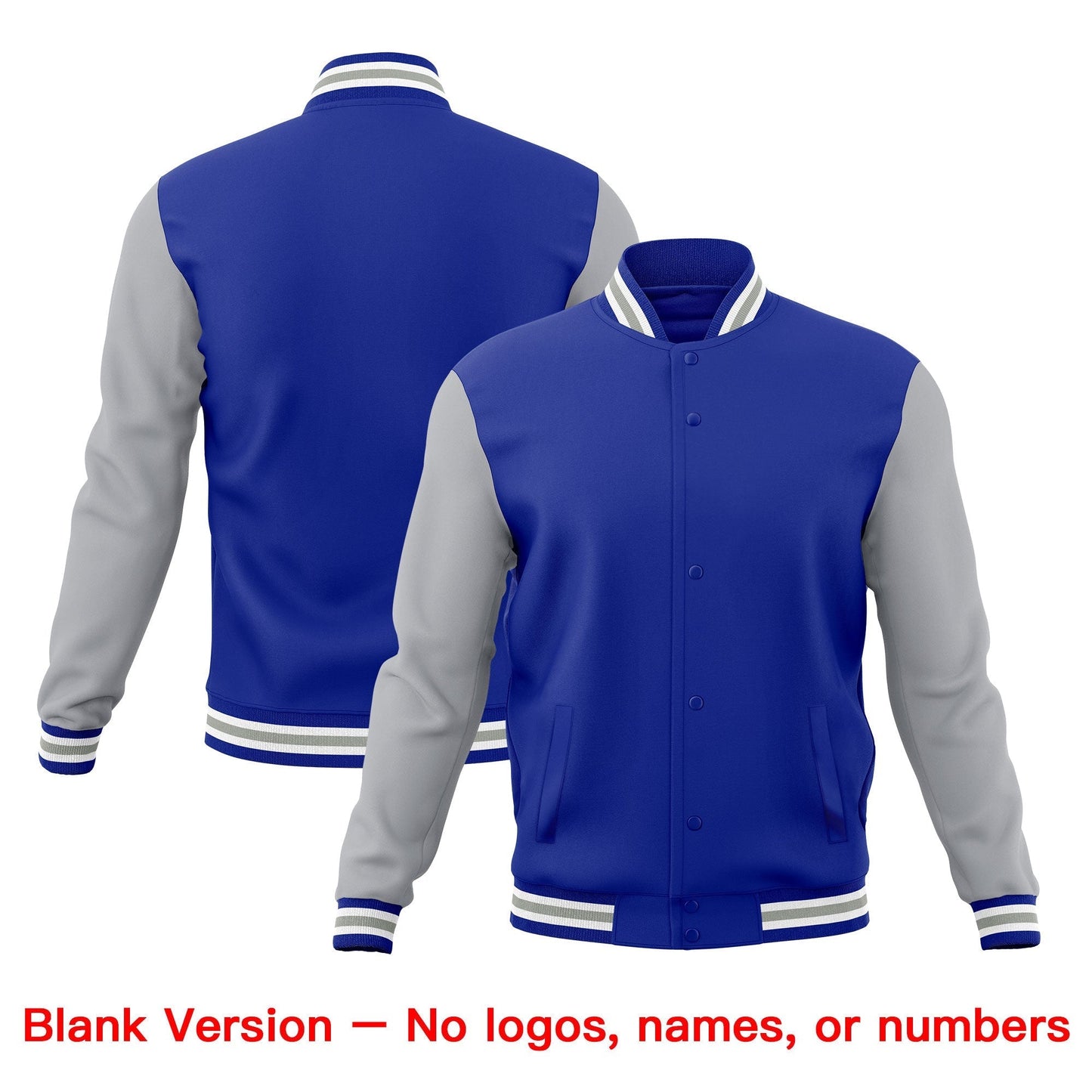 Custom Royal Blue White Gray Jacket Classic Style Full-Snap Club & Spirit Wear Wrinkle-Resistant