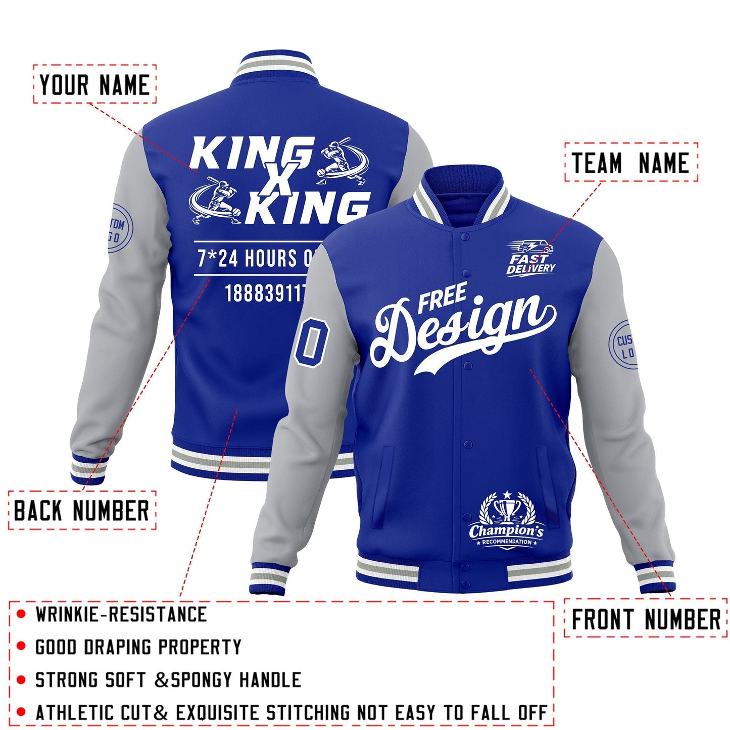 Custom Royal Blue White Gray Jacket Classic Style Full-Snap Club & Spirit Wear Wrinkle-Resistant