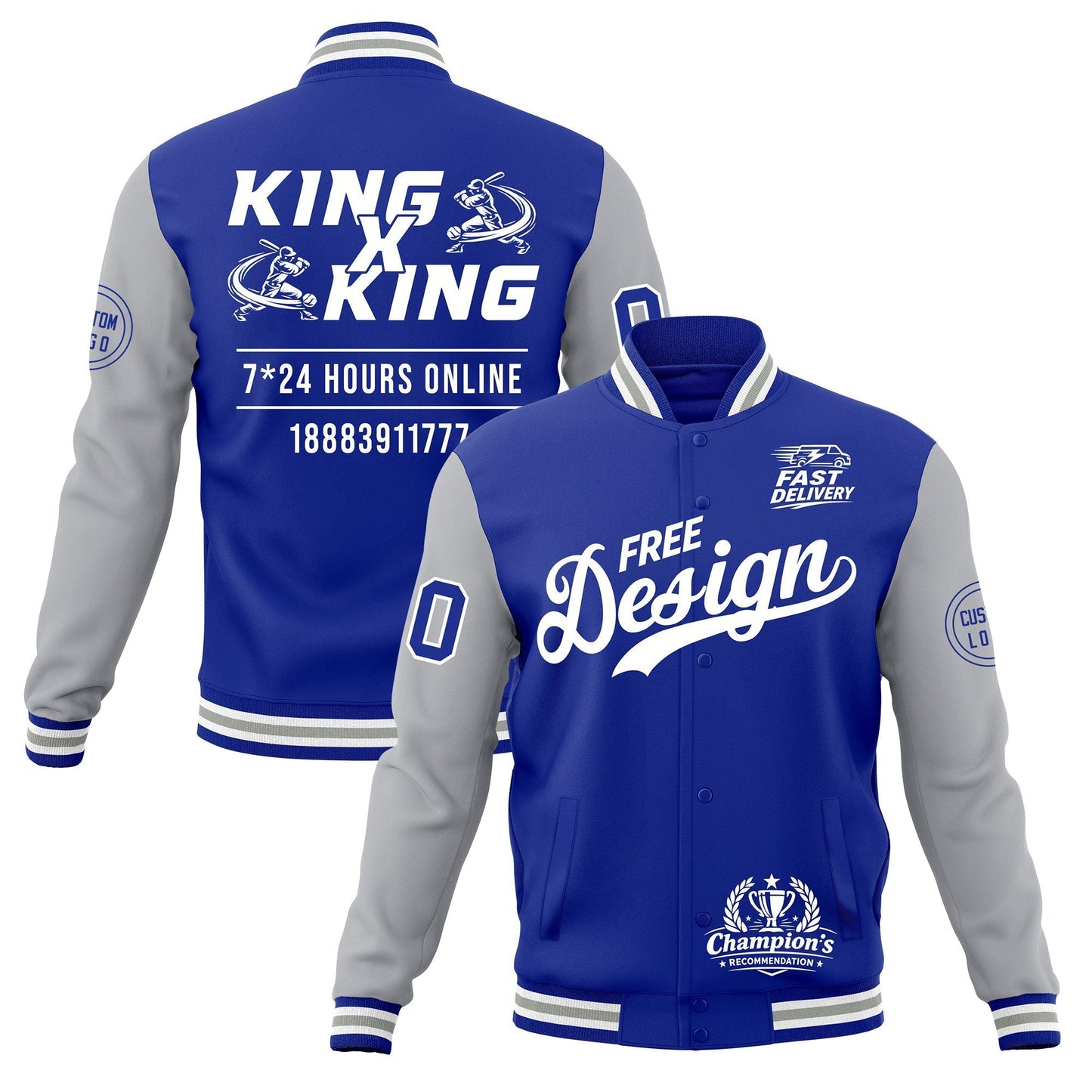 Custom Royal Blue White Gray Jacket Classic Style Full-Snap Club & Spirit Wear Wrinkle-Resistant