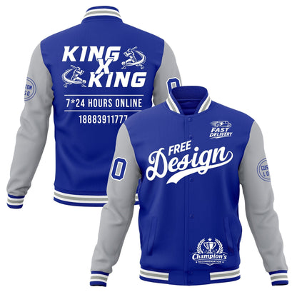 Custom Royal Blue White Gray Jacket Classic Style Full-Snap Club & Spirit Wear Wrinkle-Resistant