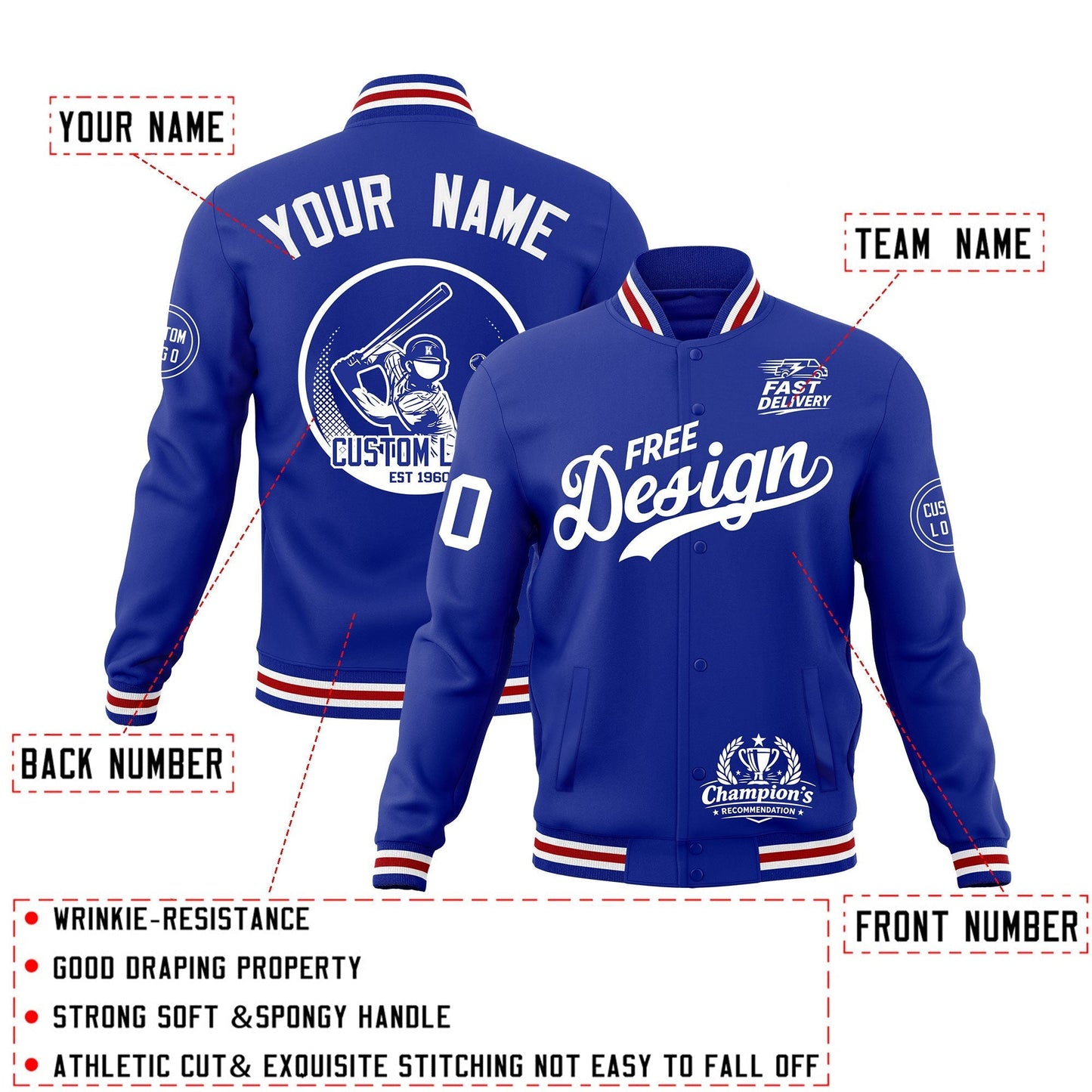 Custom Royal Blue White Red Jacket Classic Style Full-Snap Club & Spirit Wear Breathable