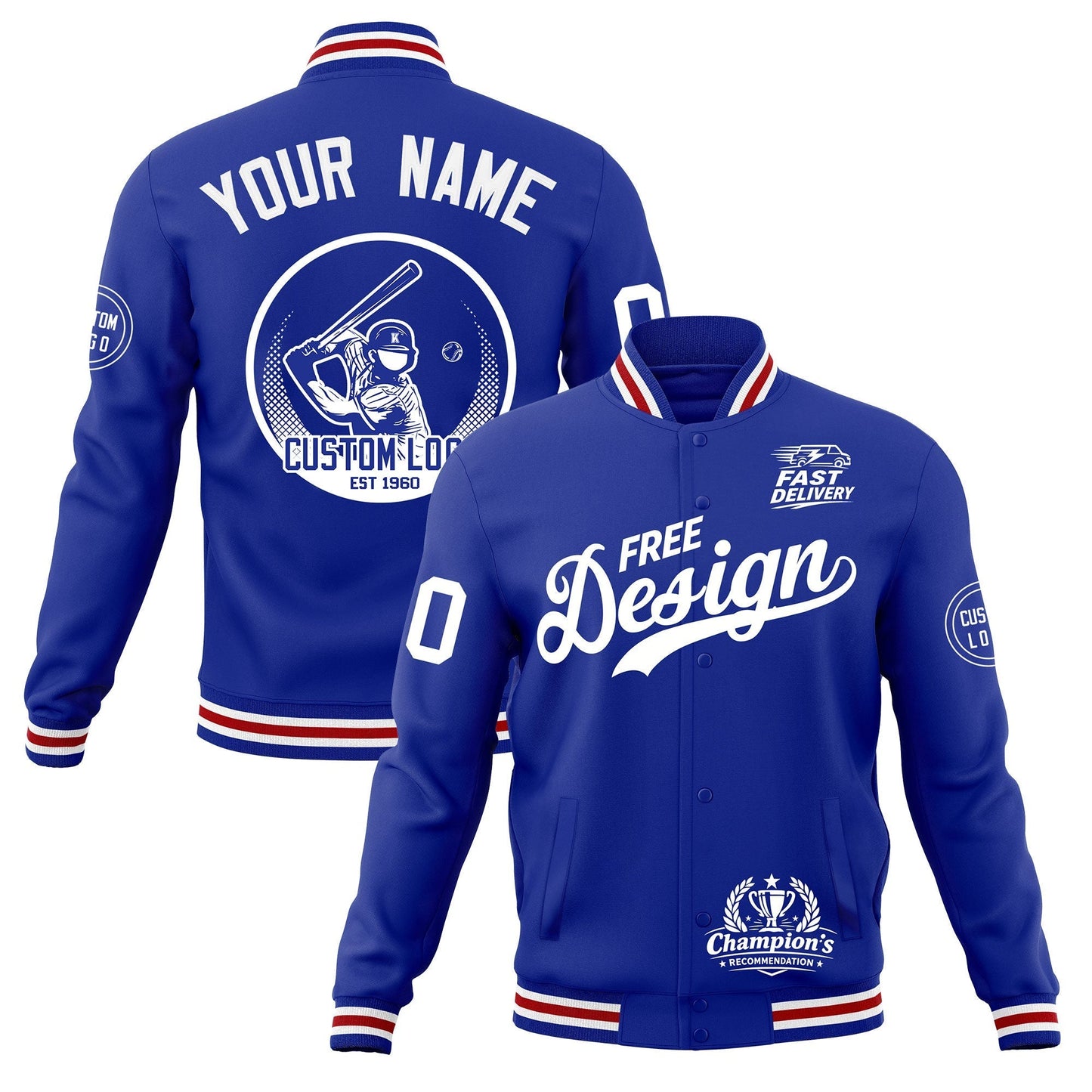Custom Royal Blue White Red Jacket Classic Style Full-Snap Club & Spirit Wear Breathable