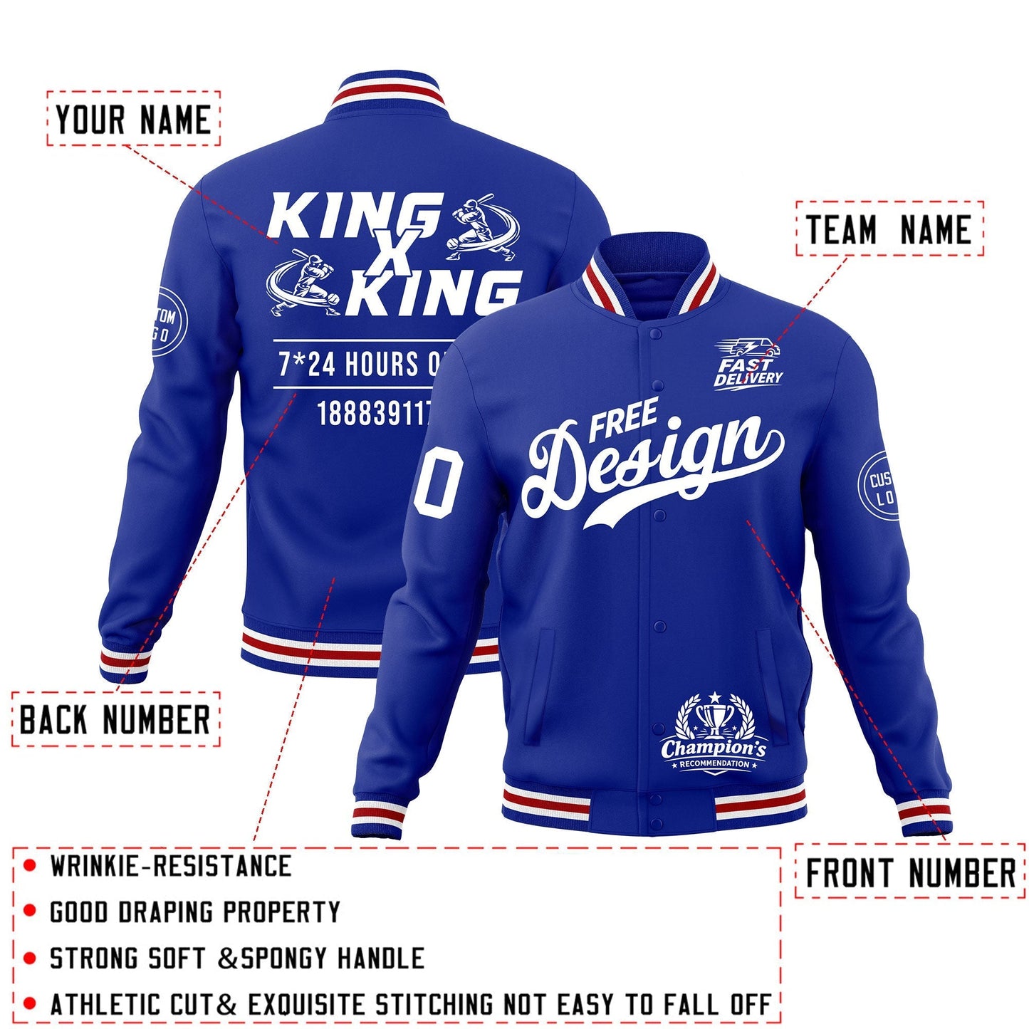 Custom Royal Blue White Red Jacket Classic Style Full-Snap Club & Spirit Wear Wrinkle-Resistant