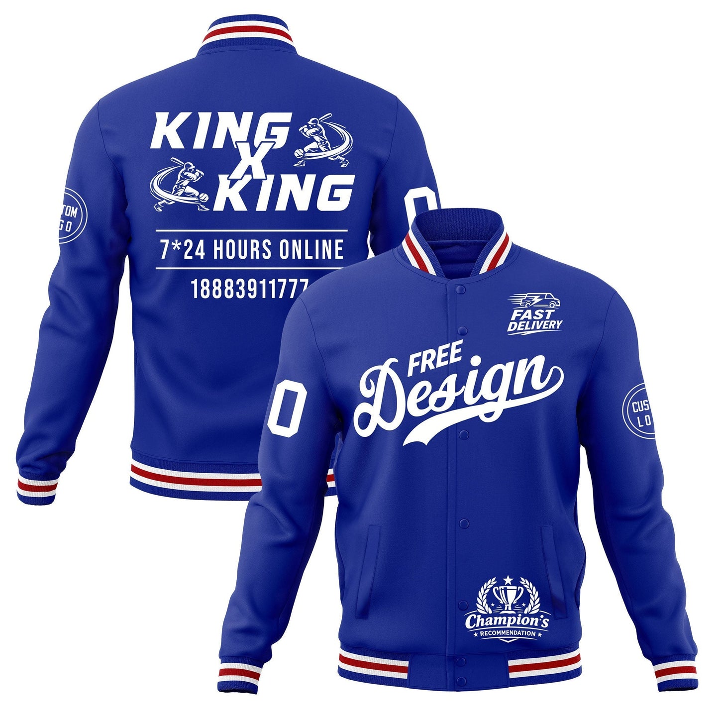 Custom Royal Blue White Red Jacket Classic Style Full-Snap Club & Spirit Wear Wrinkle-Resistant