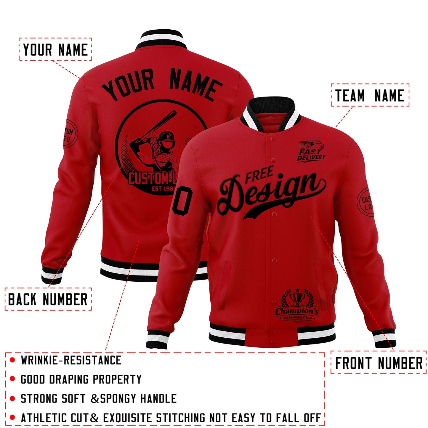 Custom Red Black White Jacket Classic Style Full-Snap Club & Spirit Wear Breathable